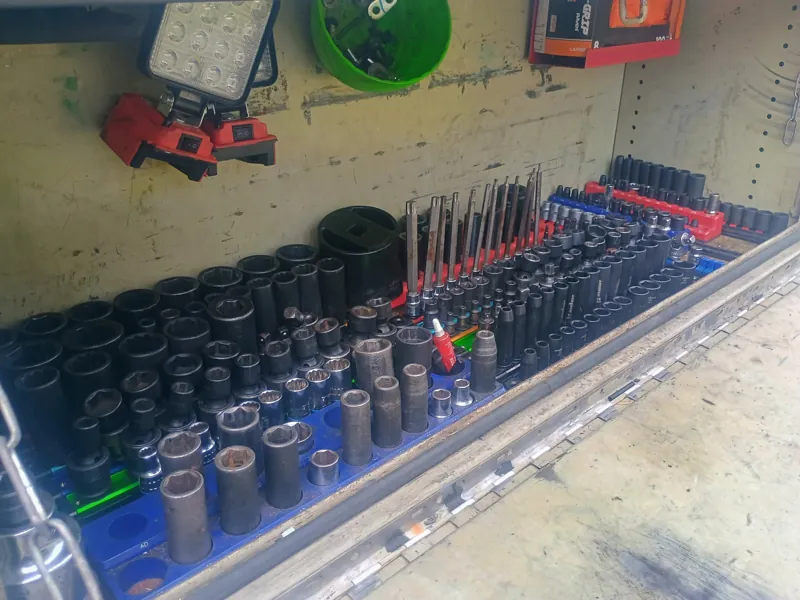 Organized and stocked: the tool drawer on our service truck