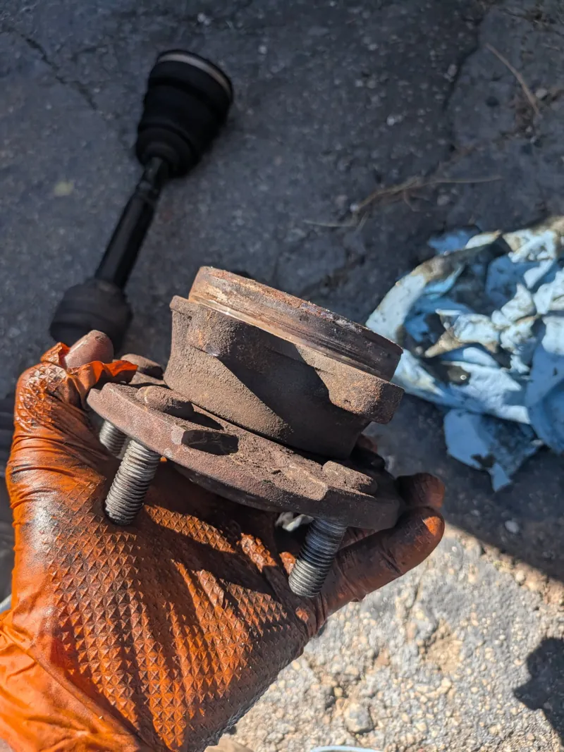 A worn wheel hub bearing, pulled and replaced